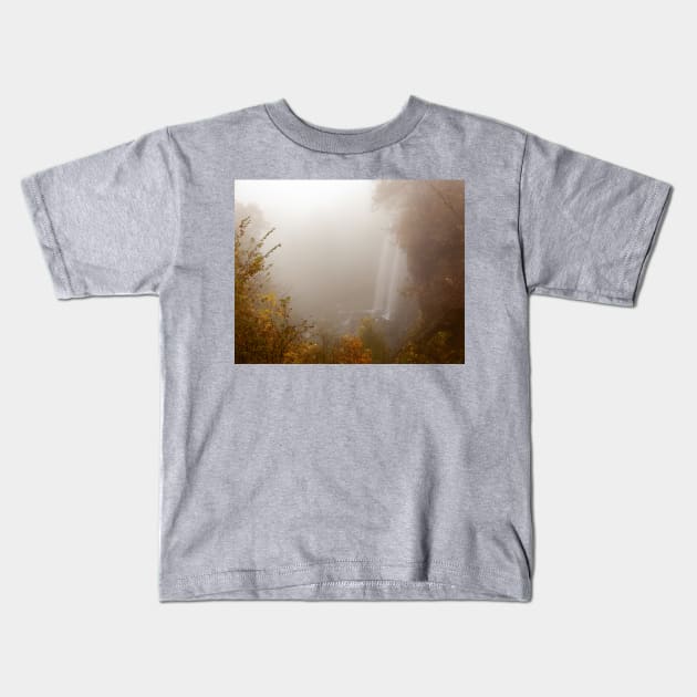 Foggy Dreamlike Fall Colored Waterfall Kids T-Shirt by mcdonojj